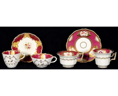 TWO ROCKINGHAM PINK OR CLARET GROUND TRIOS, C1826-40&nbsp; of square handle or basketweave moulded shape, painted with flower