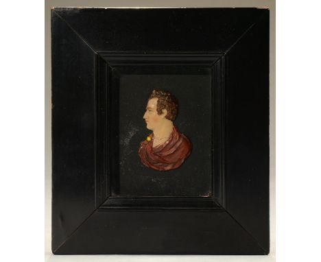 A POLYCHROME WAX PORTRAIT RELIEF OF LORD BYRON, 19TH C ebony veneered frame, portrait 8.5cm h, frame 25.5 x 22.5cm Broken acr