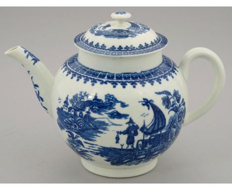 A WORCESTER BLUE AND WHITE TEAPOT AND COVER, C1790&nbsp;&nbsp; with button knop and printed with the Fisherman pattern, 13.5c