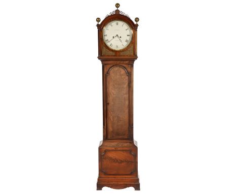 A FIGURED MAHOGANY EIGHT DAY LONGCASE CLOCK J COOK CAMBRIDGE, EARLY 19TH C&nbsp; with slightly convex painted dial, pierced h