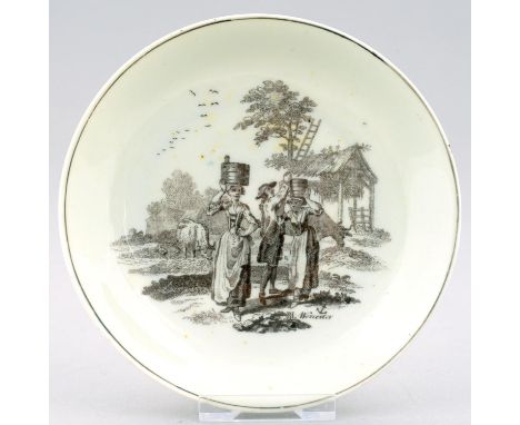 A WORCESTER OVER GLAZE PRINTED SAUCER, C1770&nbsp;&nbsp;Milkmaid PATTERN , signed in the print RH with anchor rebus and Worce