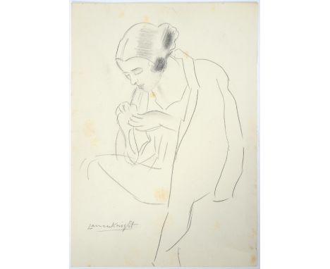 DAME LAURA KNIGHT, DBE, RA, RWS (1877-1970)&nbsp; THREADING THE NEEDLE&nbsp; signed, pencil, 29 x 20cm, unframed Light foxing