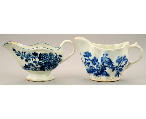 A CAUGHLEY BLUE AND WHITE BUTTER BOAT AND A CAUGHLEY CHELSEA EWER, C1780-90&nbsp; transfer printed with the Fence or Birds in