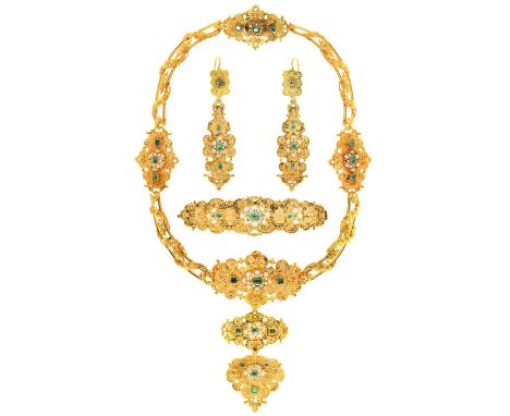 AN EMERALD, PEARL AND GOLD DEMI PARURE, C1840&nbsp;pierced and crisply chased with scrolling foliage, comprising necklace, ea