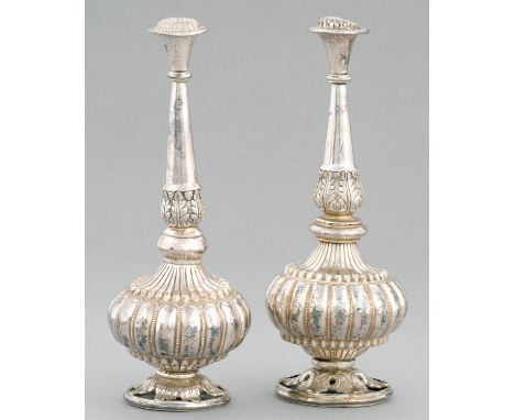 A PAIR OF SILVER ROSEWATER SPRINKLERS, NORTH INDIA,&nbsp; 19TH C&nbsp; in two parts with detachable neck, having reeded bulbo