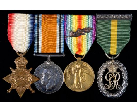 WORLD WAR ONE GROUP OF FOUR&nbsp;1914-15 Star, British War Medal, Victory Medal with 'mention' emblem and Territorial Decorat