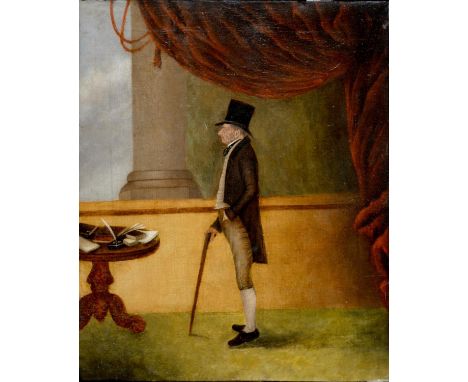 BRITISH NAIVE ARTIST, 19TH CENTURY&nbsp; &nbsp; PORTRAIT OF A GENTLEMAN&nbsp;&nbsp; small, full length with black hat, brown 