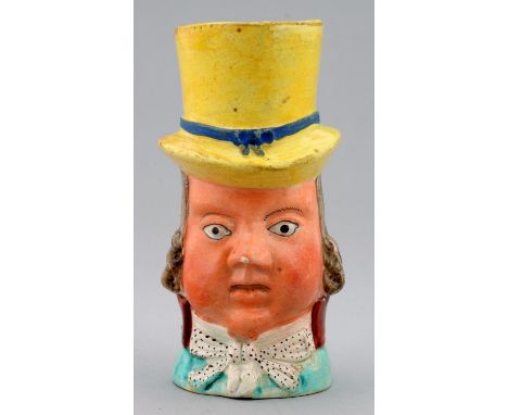 A STAFFORDSHIRE ENAMELLED EARTHENWARE PORTRAIT JUG OF JOHN LISTON AS PAUL PRY, C1820&nbsp; 13cm h Good condition