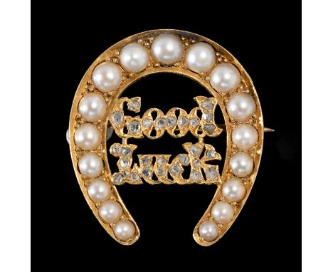 A VICTORIAN DIAMOND, SPLIT PEARL AND GOLD GOOD LUCK HORSESHOE BROOCH, C1875&nbsp;24mm, lozenge shaped PODR mark for 5 May 187