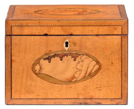 A GEORGE III SATINWOOD AND LINE INLAID TEA CADDY, C1800&nbsp; with shell&nbsp; paterae, 17.5cm l Minor stains and scratches, 