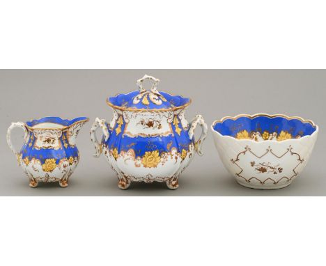 A ROCKINGHAM SUCRIER AND COVER, CREAM JUG AND&nbsp; SLOP BASIN, C1830-42&nbsp; of basket weave moulded shape,&nbsp;with Bruns