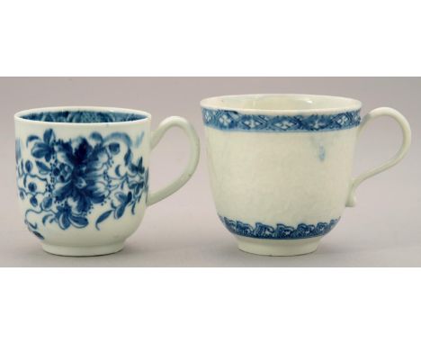 TWO WORCESTER BLUE AND WHITE COFFEE CUPS, C1770-80 one moulded in low relief between diaper borders, the other painted with t