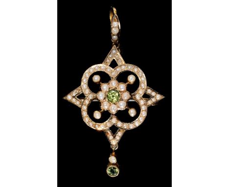 A PERIDOT AND SPLIT PEARL BROOCH- PENDANT, C1910&nbsp; 49mm, marked 9c, 3.3g As new, complete, all stones and pearls present 