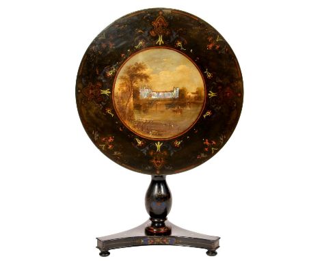 LORD BYRON INTEREST.&nbsp; A VICTORIAN PAPIER MACHÉ PEDESTAL TABLE, C1840&nbsp;the top inlaid with mother of pearl and painte