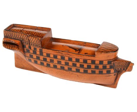 A BRITISH SYCAMORE AND PENWORK SHIP NOVELTY SNUFF BOX, EARLY 19TH C&nbsp;the slightly curved deck painted with a single maste