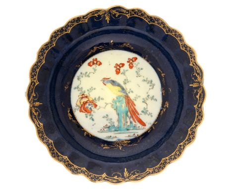 A WORCESTER GROS BLEU GROUND KAKIEMON PLATE, C1770&nbsp;&nbsp;enamelled with the Sir Joshua Reynolds pattern, 19cm diam, unde