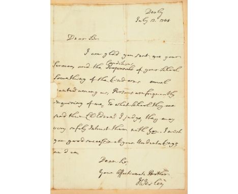METHODISM.&nbsp; JOHN WESLEY (1703-1791) UNPUBLISHED AUTOGRAPH LETTER SIGNED TO THOMAS CURSHAM&nbsp; bifolium, conjugate blan