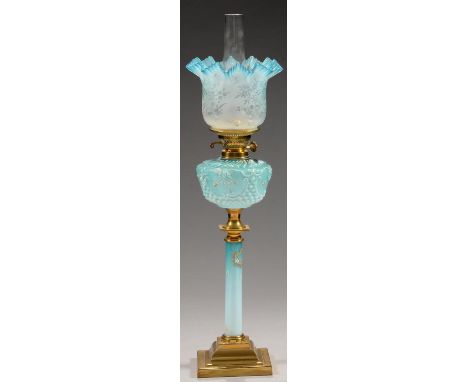 A VICTORIAN BRASS AND SHADED BLUE GLASS COLUMNAR OIL LAMP, LATE 19TH C&nbsp;&nbsp;enamelled and gilt with stylised flowers, b