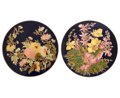 A PAIR OF ZSOLNAY AESTHETIC COBALT GROUND EARTHENWARE PLAQUES, C1891&nbsp;enamelled in vivid colours and richly gilt with chr