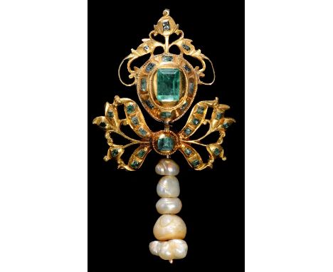 AN EMERALD, BAROQUE PEARL AND GOLD PENDANT, PROBABLY IBERIAN, 19TH C&nbsp; 56mm, 7g Later brooch detached and base metal loop