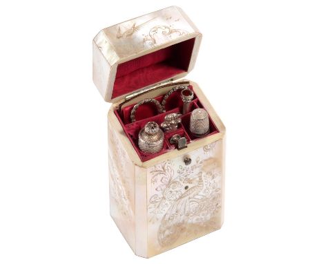 A VICTORIAN MOTHER OF PEARL NECESSAIRE, c1840engraved with peafowl and flowers, the pink silk lined interior retaining contem