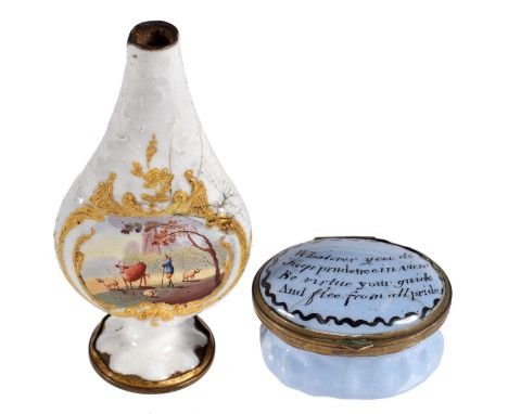 A SOUTH STAFFORDSHIRE ENAMEL SCENT BOTTLE, C1770&nbsp;painted to either side with a cowman and sheep in gilt rococo surround,