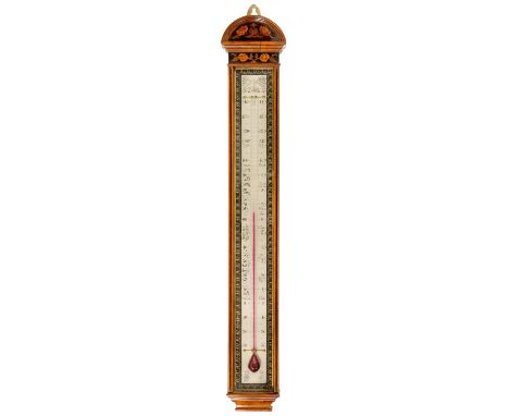A VICTORIAN WALNUT,&nbsp; INLAID AND PENWORK ALCOHOL THERMOMETER C1890&nbsp; with engraved and silvered Farenheit scale -30-1