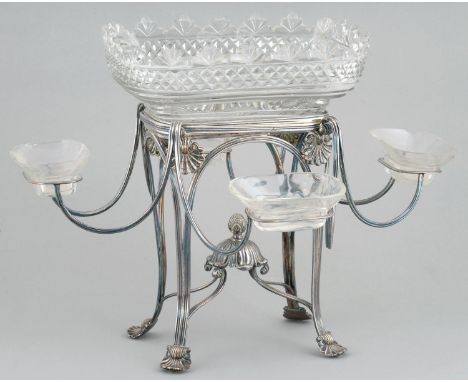 AN OLD SHEFFIELD PLATE EPERGNE, EARLY 19TH C&nbsp; the reeded oblong frame with scallop shells and domed finial to the stretc