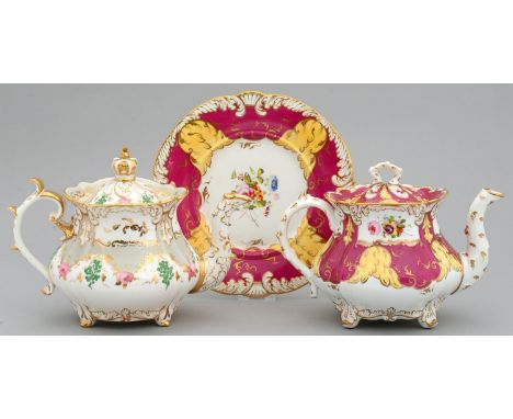 TWO ROCKINGHAM TEAPOTS AND COVERS AND ONE STAND, C1830-42&nbsp; of three spur handle or basket weave moulded shape, painted w