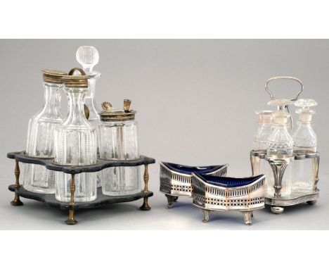 A PAIR OF OLD SHEFFIELD PLATE PIERCED OCTAGONAL SALT CELLARS, C1790&nbsp;on fluted feet, blue glass liners, 9cm l, an old She