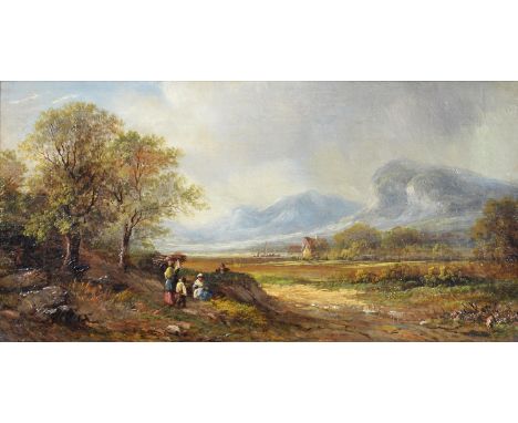 BRITISH SCHOOL, 19TH CENTURY&nbsp; FAGGOT GATHERERS BEFORE A MOUNTAINOUS LANDSCAPE&nbsp;&nbsp;&nbsp; oil on canvas, 19 x 39cm