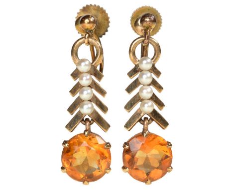 A PAIR OF CITRINE AND CULTURED PEARL PENDANT EARRINGS&nbsp; in gold, 26mm, marked 9c, Garrard &amp; Co Ltd case Good conditio