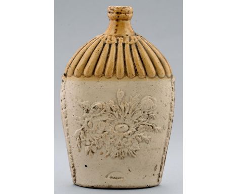 A SCOTTISH SALTGLAZED STONEWARE SPIRIT FLASK, PORT DUNDAS, GLASGOW, MID 19TH C&nbsp;moulded to either side with flowers, 20cm