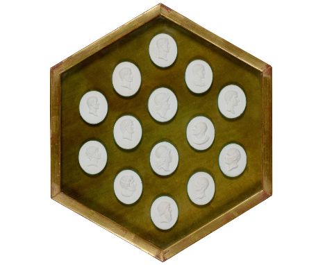 A SET OF FOURTEEN PLASTER CASTS OF CLASSICAL PORTRAIT MEDALLIONS, POSSIBLY EARLY 19TH C&nbsp; mounted on brown velvet in glaz