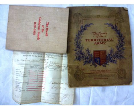UNIFORMS OF THE TERRITORIAL ARMY CIGARETTE CARD ALBUM, THE RECORD OF THE COLDSTREAM GUARDS 1650-1950 AND CERTIFICATE SHOWING 