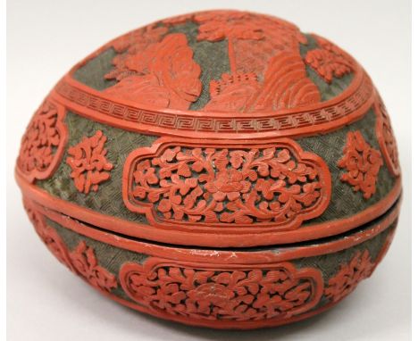 A GOOD QUALITY 19TH CENTURY PEACH FORM RED CINNABAR LACQUER BOX & COVER, the cover decorated with two boys playing in a rocky