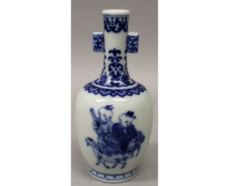 A CHINESE BLUE & WHITE PORCELAIN ARROW VASE, decorated with two scenes of the He He Erxian in the company of a goat, the base