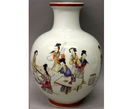 A CHINESE FAMILLE ROSE PORCELAIN BOTTLE VASE, decorated with a scene of a group of ladies gathered around a table at which a 