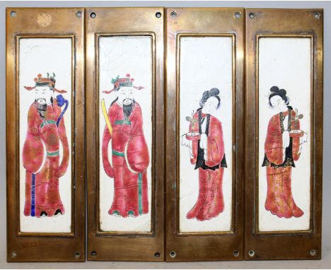 A SET OF FOUR CHINESE BRASS FRAMED CANTON ENAMEL PLAQUES, each depicting an Immortal, each 8.8in x 2.75in. (4)