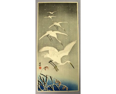 A GOOD JAPANESE WOODBLOCK PRINT BY OHARA KOSON, unframed, Five Egrets Descending in Snow, the print partially embossed, 15in 