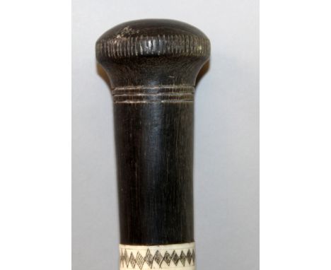 19TH CENTURY RHINOCEROS HORN HANDLED & BONE IVORY MOUNTED WALKING STICK, the handle of greyish-amber tone and with a tight gr