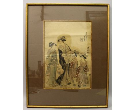 A FRAMED JAPANESE PRINT AFTER KIYONAGA, depicting two ladies conversing in the company of two girl attendants, the frame 22.1