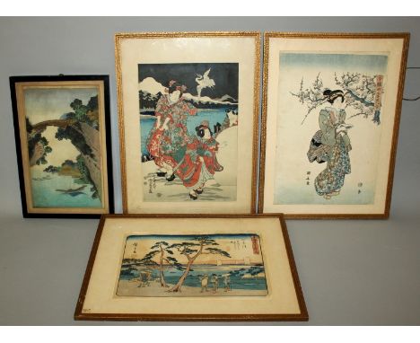 A FRAMED 19TH CENTURY JAPANESE SNOW SCENE WOODBLOCK PRINT BY KUNISADA, oban size, depicting a lady and two children beside a 