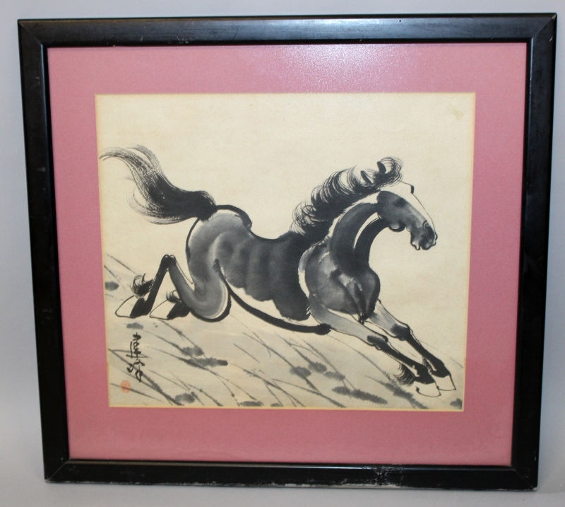 A CHINESE FRAMED PICTURE OF A GALLOPING HORSE AFTER XU BEIHONG, with ...