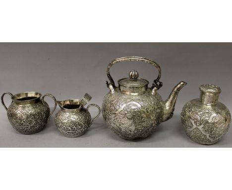 A FINE QUALITY 19TH CENTURY SIGNED CHINESE SILVER TEA SERVICE, weighing 1.36Kg, comprising a teapot and cover, a sugar basin,