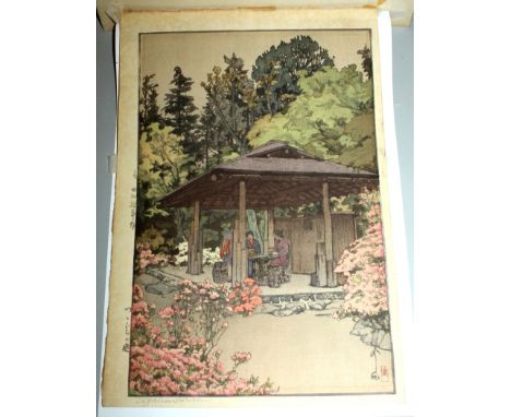 A GOOD JAPANESE WOODBLOCK PRINT BY HIROSHI YOSHIDA, unframed, Azelia Garden, inscribed and signed in margin, oban size, 16in 
