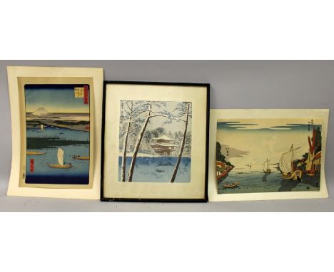 A JAPANESE WOODBLOCK PRINT BY TOKURIKI TOMIKICHIRO, framed, of the Golden Pavillion in Snow, from the series 20 Views of Kyot