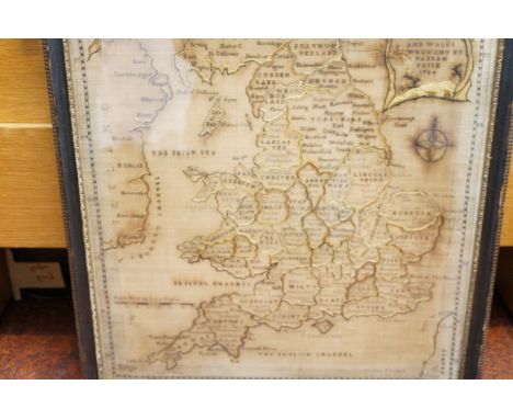 1784 Sampler map of England & Wales Wrought by Hannah Paine 1784 (hole to top left) original frame & glass in our opinion -Si