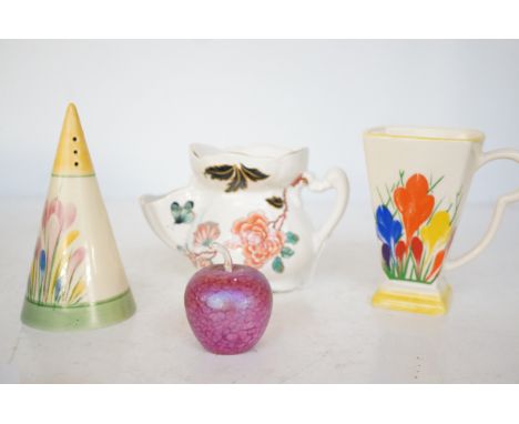 Art deco style cup, sugar sifter, shaving mug & John Ditchfield paperweight 