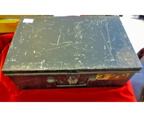 Tea Trunk/Bank Box  (41cm x 26cm x 15½cm), latch to shut, carrying handle, scratching on exterior lid, numbered "329".